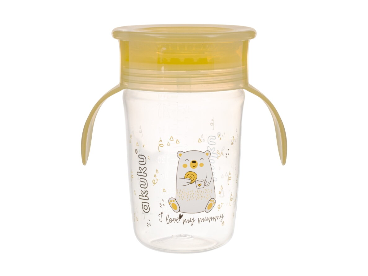 Akuku Non spill cup 360° 240ml with dual handle, yellow A0670