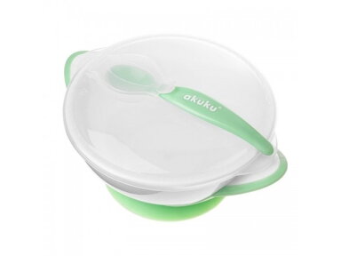 Akuku Suction bowl with spoon WHITEGREEN A0504