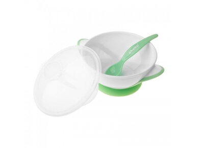 Akuku Suction bowl with spoon WHITEGREEN A0504 1